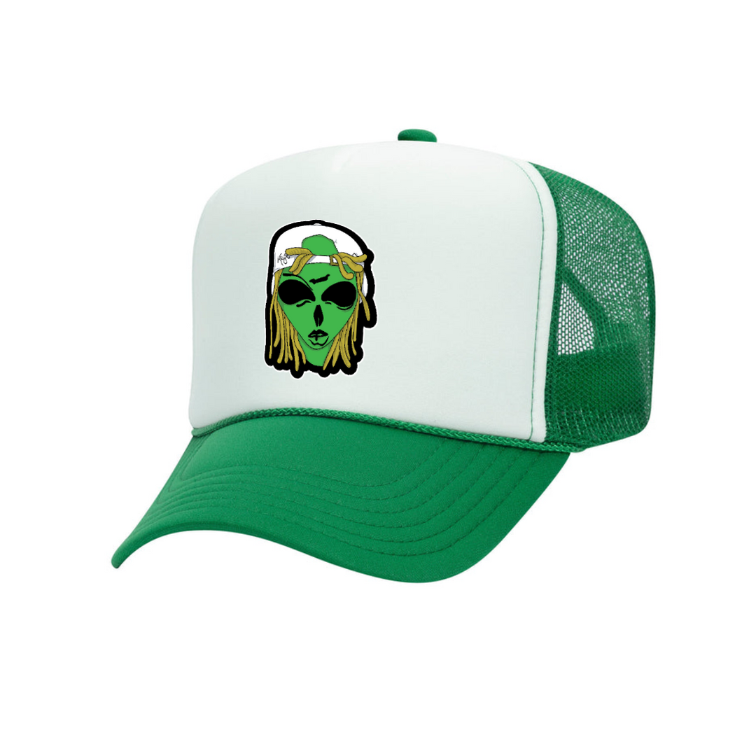 Green/White Urban Alien Face Trucker Hat