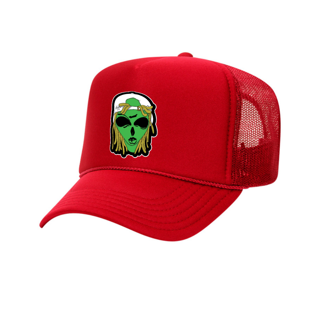 Red Urban Alien Face Trucker Hat